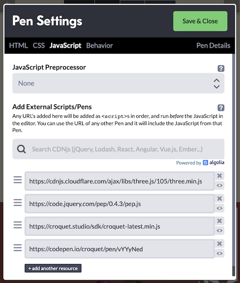 CodePen Settings